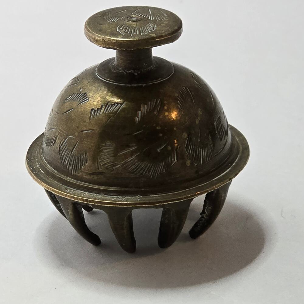 Brass Elephant Claw Bell India Etched Floral Prayer Temple Bell 2 Inch 1960s